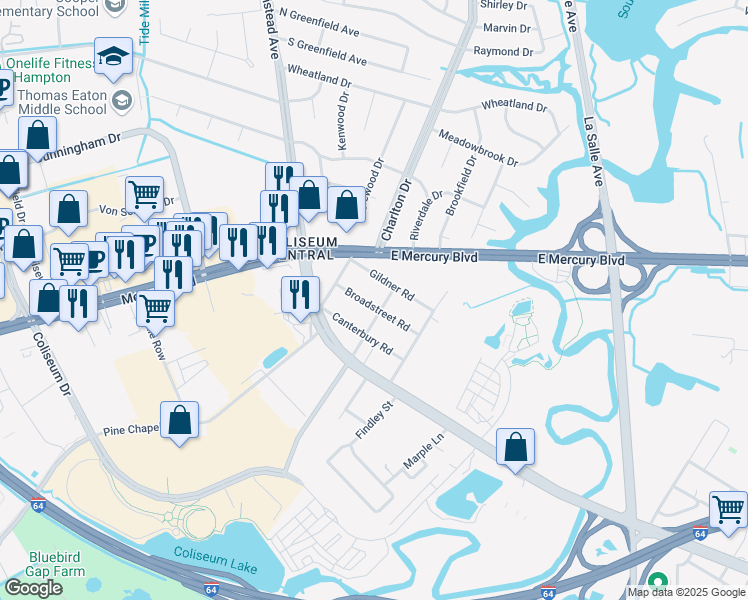 map of restaurants, bars, coffee shops, grocery stores, and more near 1816 Broadstreet Road in Hampton
