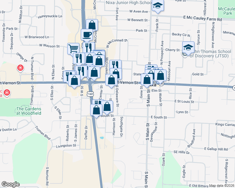 map of restaurants, bars, coffee shops, grocery stores, and more near 204 South Delaware Street in Nixa