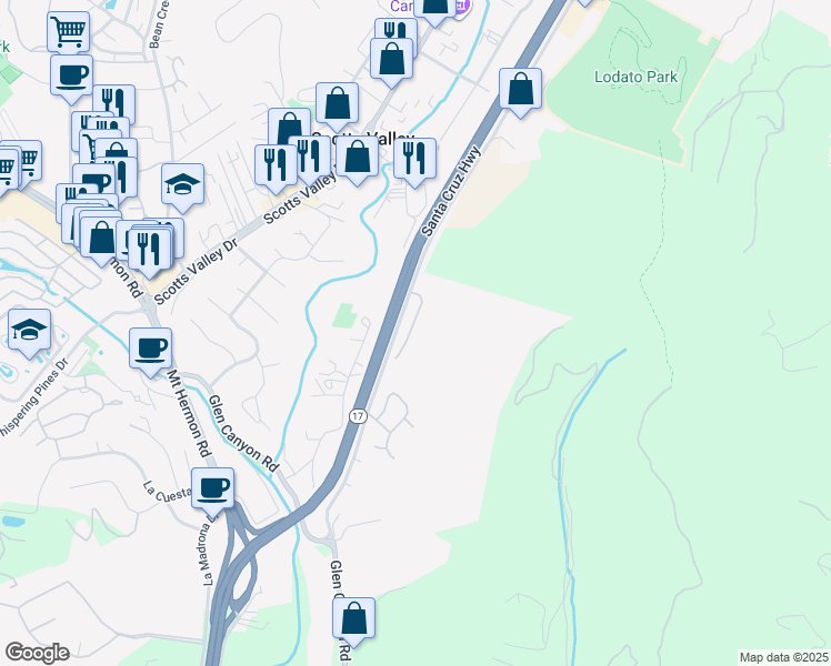 map of restaurants, bars, coffee shops, grocery stores, and more near 111 Falcon Ridge Road in Scotts Valley