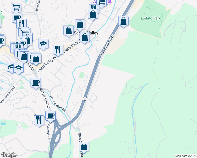 map of restaurants, bars, coffee shops, grocery stores, and more near 111 Falcon Ridge Road in Scotts Valley