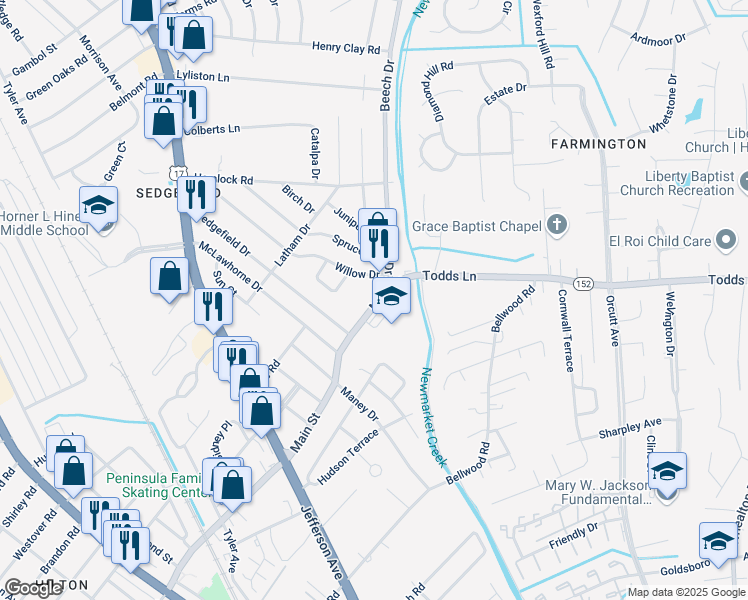 map of restaurants, bars, coffee shops, grocery stores, and more near 809 Main St in Newport News