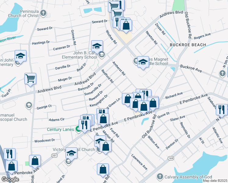 map of restaurants, bars, coffee shops, grocery stores, and more near 1940 Kensington Drive in Hampton