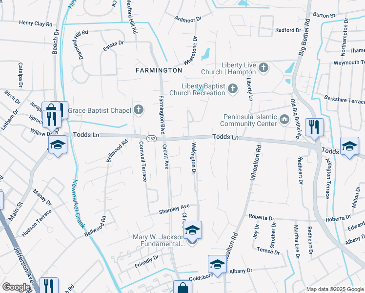 map of restaurants, bars, coffee shops, grocery stores, and more near 16 Stephanies Road in Hampton
