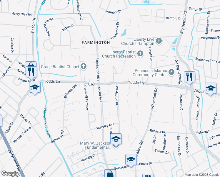 map of restaurants, bars, coffee shops, grocery stores, and more near 16 Stephanies Road in Hampton