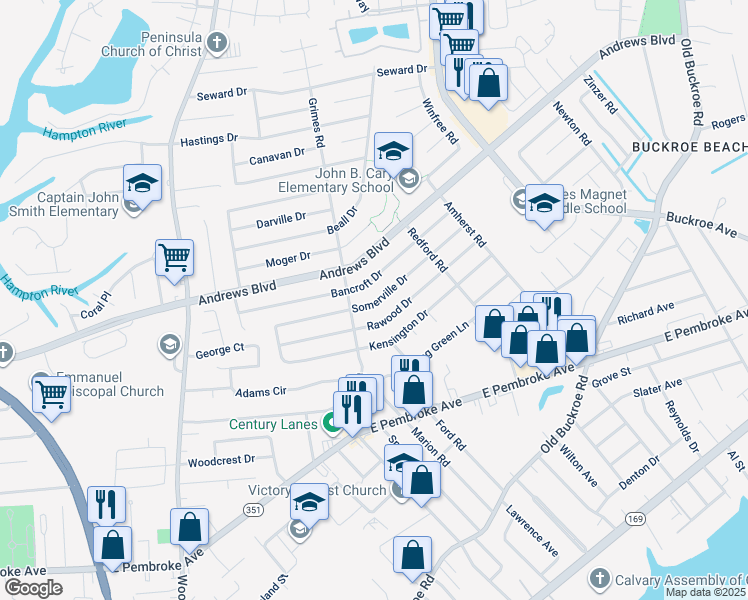map of restaurants, bars, coffee shops, grocery stores, and more near 1927 Somerville Drive in Hampton