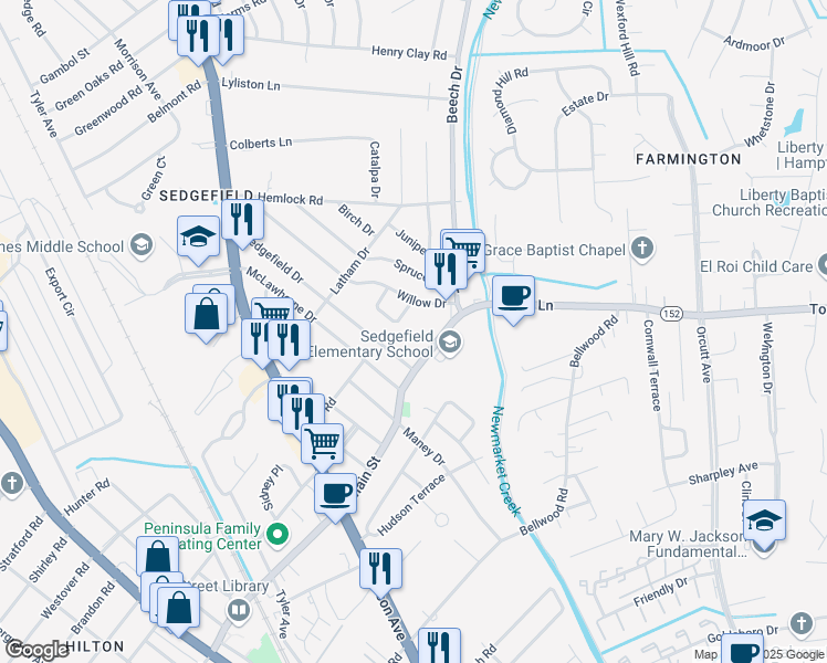 map of restaurants, bars, coffee shops, grocery stores, and more near 809 Main Street in Newport News