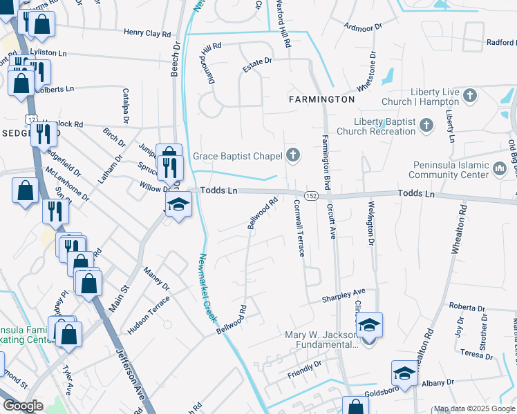 map of restaurants, bars, coffee shops, grocery stores, and more near 779 Bellwood Road in Hampton
