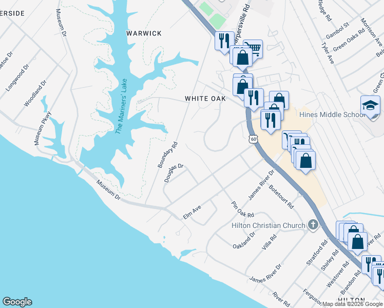 map of restaurants, bars, coffee shops, grocery stores, and more near 419 Pin Oak Road in Newport News