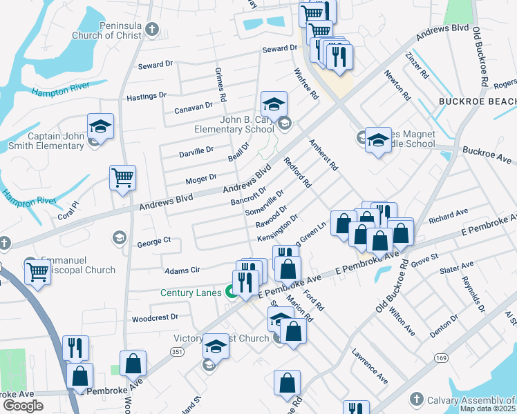 map of restaurants, bars, coffee shops, grocery stores, and more near 1905 Somerville Drive in Hampton