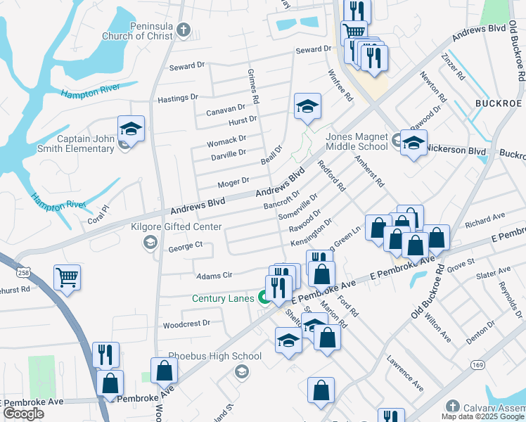 map of restaurants, bars, coffee shops, grocery stores, and more near 1836 Bancroft Drive in Hampton
