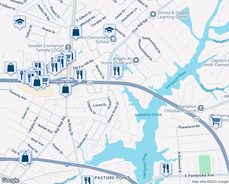 map of restaurants, bars, coffee shops, grocery stores, and more near 12 Cherry Acres Drive in Hampton