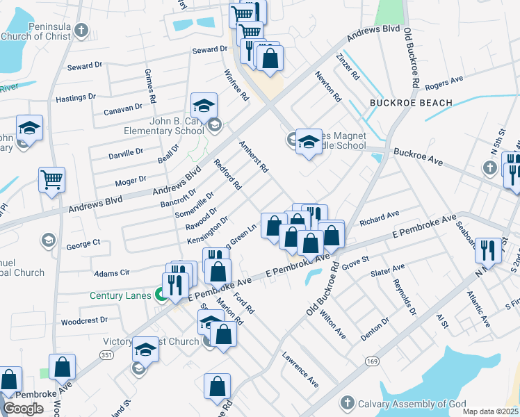 map of restaurants, bars, coffee shops, grocery stores, and more near 710 Redford Road in Hampton