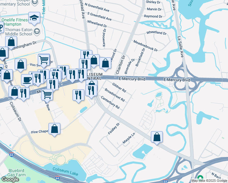 map of restaurants, bars, coffee shops, grocery stores, and more near 1816 Broadstreet Road in Hampton