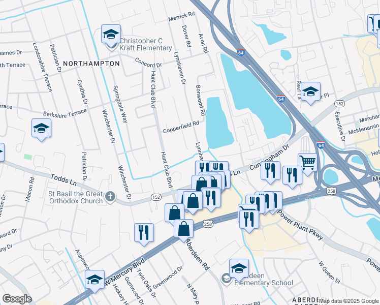 map of restaurants, bars, coffee shops, grocery stores, and more near 2 Keeton Court in Hampton