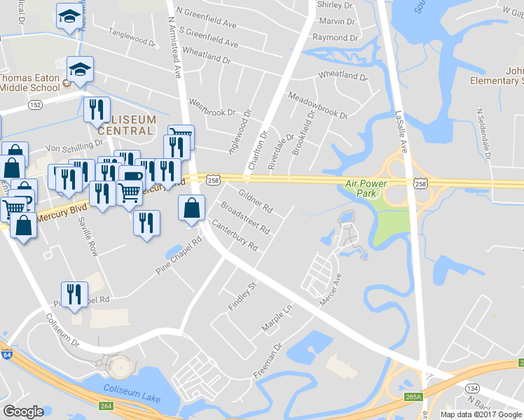map of restaurants, bars, coffee shops, grocery stores, and more near 1811 Gildner Road in Hampton