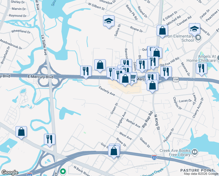 map of restaurants, bars, coffee shops, grocery stores, and more near 1250 Easterly Avenue in Hampton