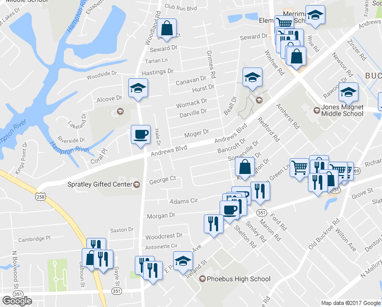 map of restaurants, bars, coffee shops, grocery stores, and more near 1815 Bancroft Drive in Hampton