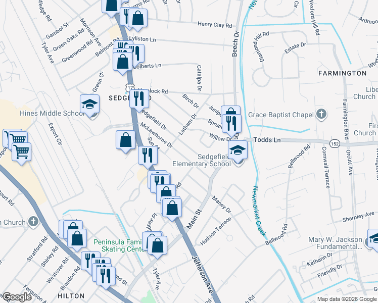 map of restaurants, bars, coffee shops, grocery stores, and more near 710 Sedgefield Drive in Newport News