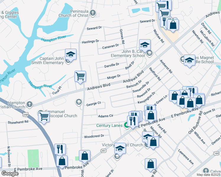 map of restaurants, bars, coffee shops, grocery stores, and more near 1815 Bancroft Drive in Hampton