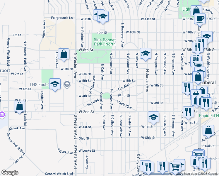 map of restaurants, bars, coffee shops, grocery stores, and more near 416 Princeton Avenue in Liberal
