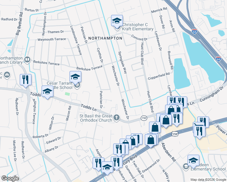 map of restaurants, bars, coffee shops, grocery stores, and more near 104 Cynthia Drive in Hampton