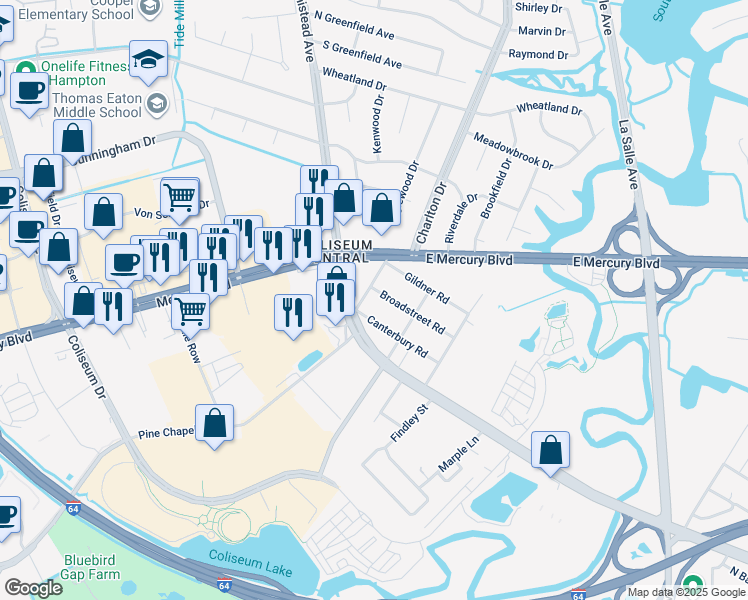 map of restaurants, bars, coffee shops, grocery stores, and more near 6 Windsor Drive in Hampton