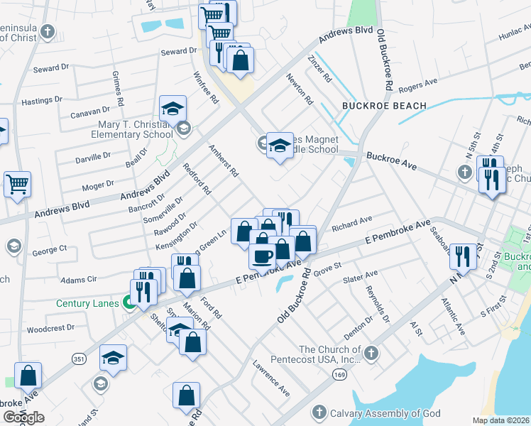map of restaurants, bars, coffee shops, grocery stores, and more near 1761 Newton Road in Hampton