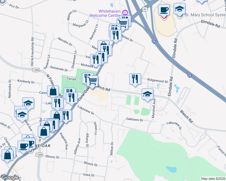 map of restaurants, bars, coffee shops, grocery stores, and more near 201-273 Bleich Road in Paducah