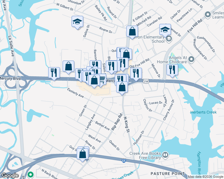 map of restaurants, bars, coffee shops, grocery stores, and more near 27 Bernard Ave in Hampton