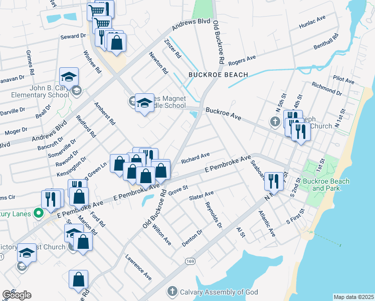 map of restaurants, bars, coffee shops, grocery stores, and more near 733 Burgess Avenue in Hampton