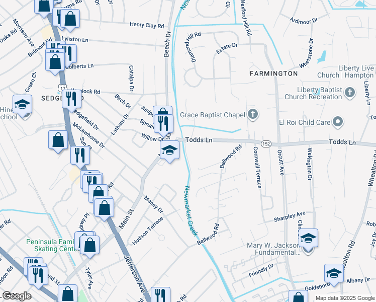 map of restaurants, bars, coffee shops, grocery stores, and more near 702 Todds Lane in Hampton