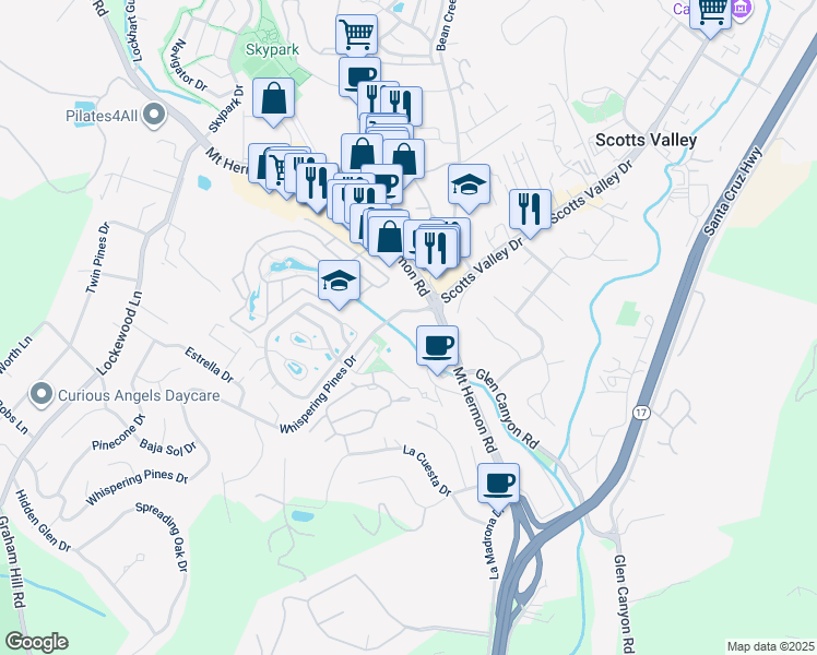 map of restaurants, bars, coffee shops, grocery stores, and more near 70-98 Silver Birch Lane in Scotts Valley