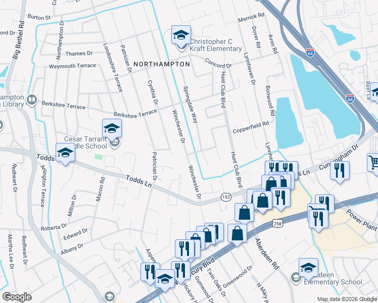 map of restaurants, bars, coffee shops, grocery stores, and more near 132 Winchester Drive in Hampton