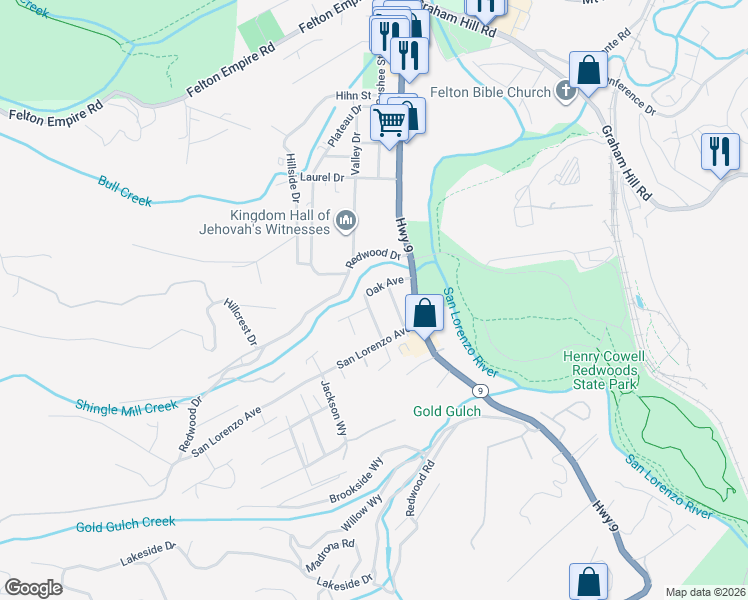 map of restaurants, bars, coffee shops, grocery stores, and more near 5600 Lincoln Way in Felton