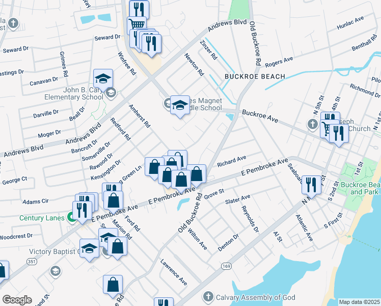 map of restaurants, bars, coffee shops, grocery stores, and more near 1766 Newton Road in Hampton