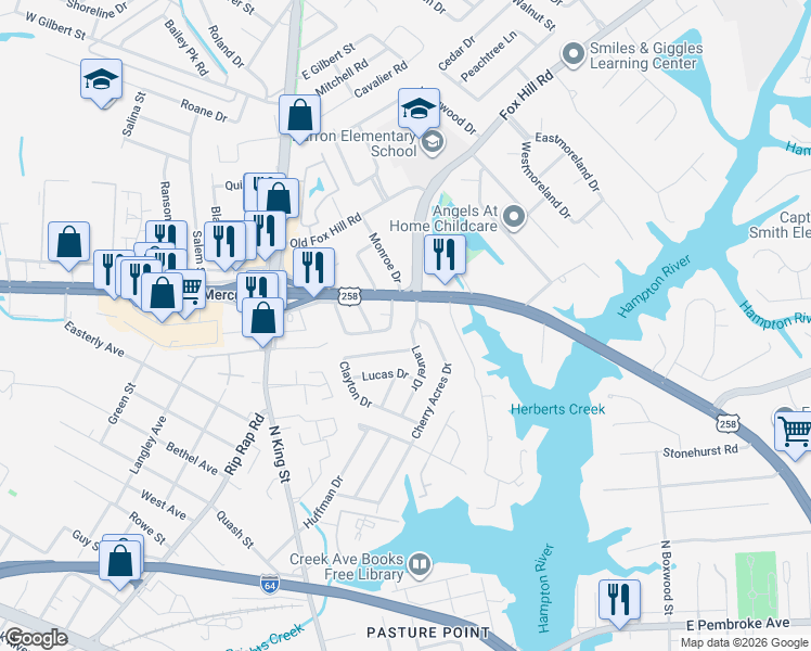 map of restaurants, bars, coffee shops, grocery stores, and more near 10 Laurel Drive in Hampton
