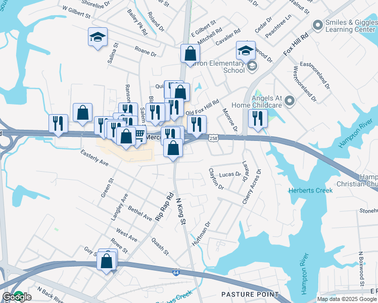 map of restaurants, bars, coffee shops, grocery stores, and more near 1010 North King Street in Hampton
