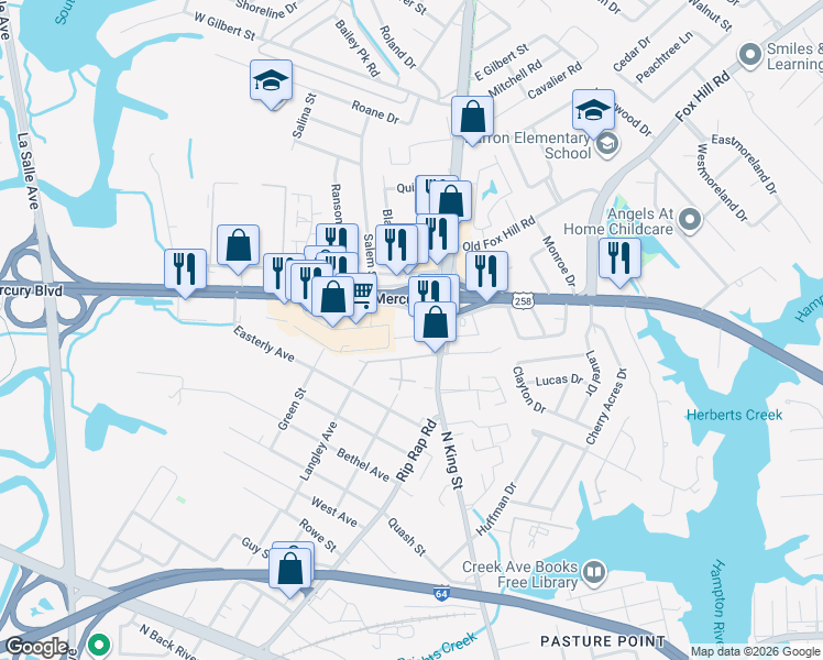 map of restaurants, bars, coffee shops, grocery stores, and more near 27 Bernard Avenue in Hampton