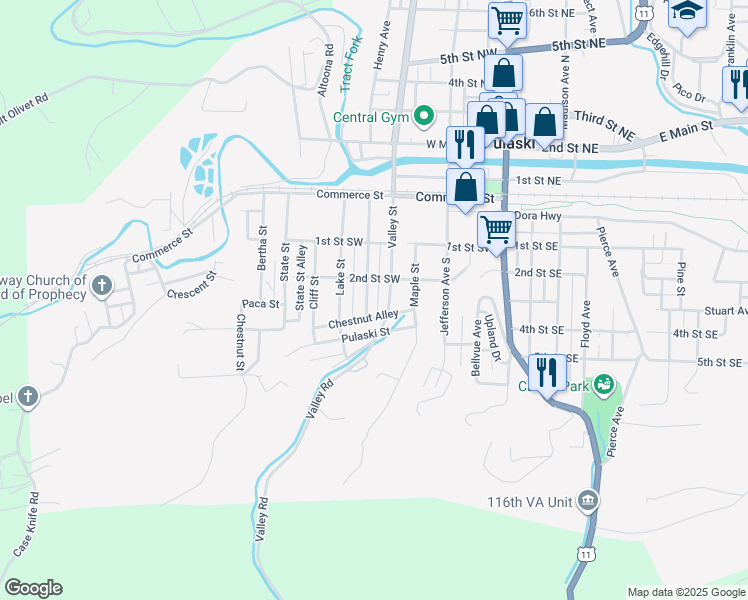 map of restaurants, bars, coffee shops, grocery stores, and more near 217 Lagrange Street in Pulaski