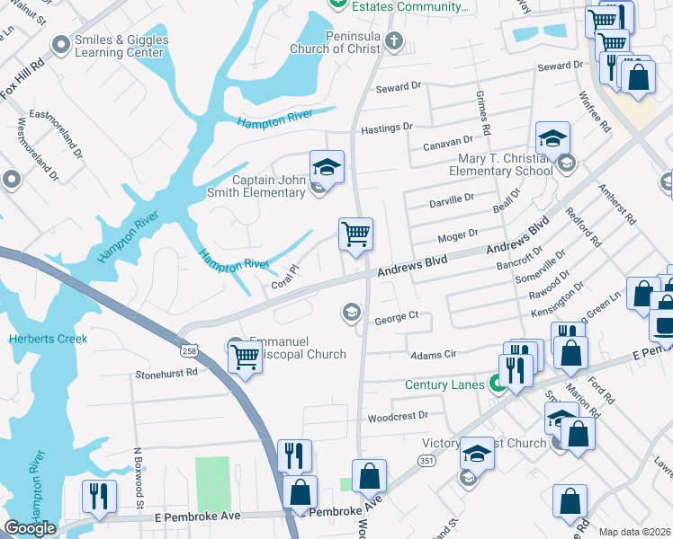 map of restaurants, bars, coffee shops, grocery stores, and more near 1378 Coral Place in Hampton