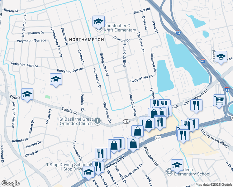 map of restaurants, bars, coffee shops, grocery stores, and more near 111 Benjamin Terrace in Hampton