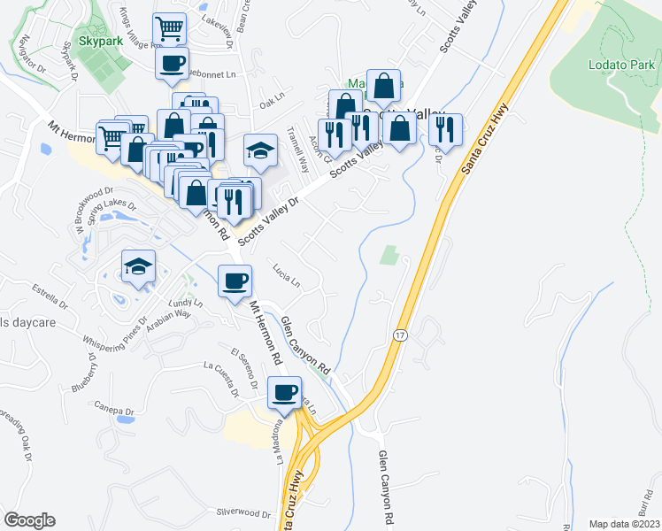 map of restaurants, bars, coffee shops, grocery stores, and more near 9 Suzanne Lane in Scotts Valley