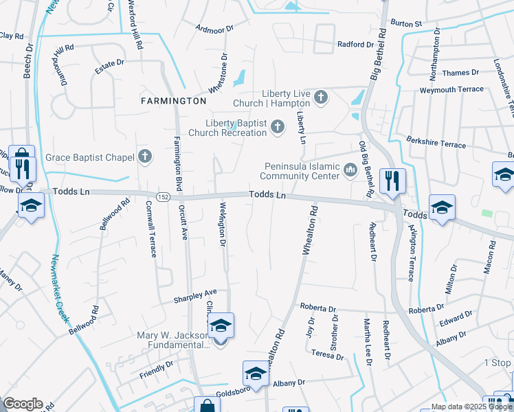 map of restaurants, bars, coffee shops, grocery stores, and more near 5 Lundy Lane in Hampton