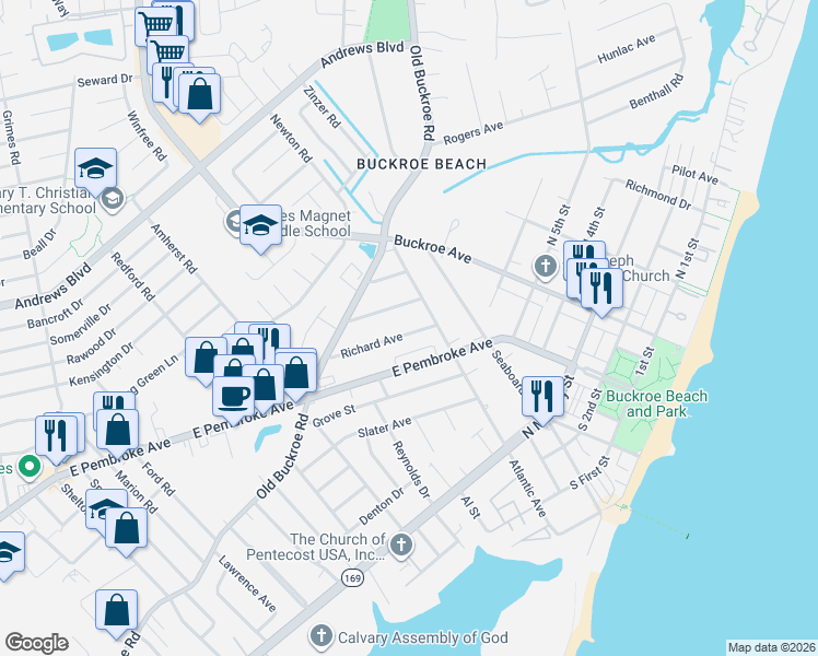 map of restaurants, bars, coffee shops, grocery stores, and more near 2045 Richard Avenue in Hampton