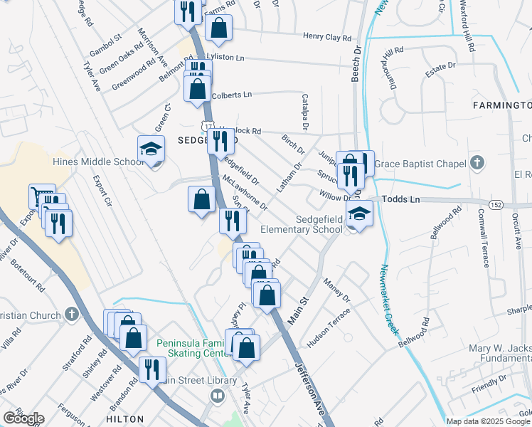 map of restaurants, bars, coffee shops, grocery stores, and more near 700 McLawhorne Drive in Newport News
