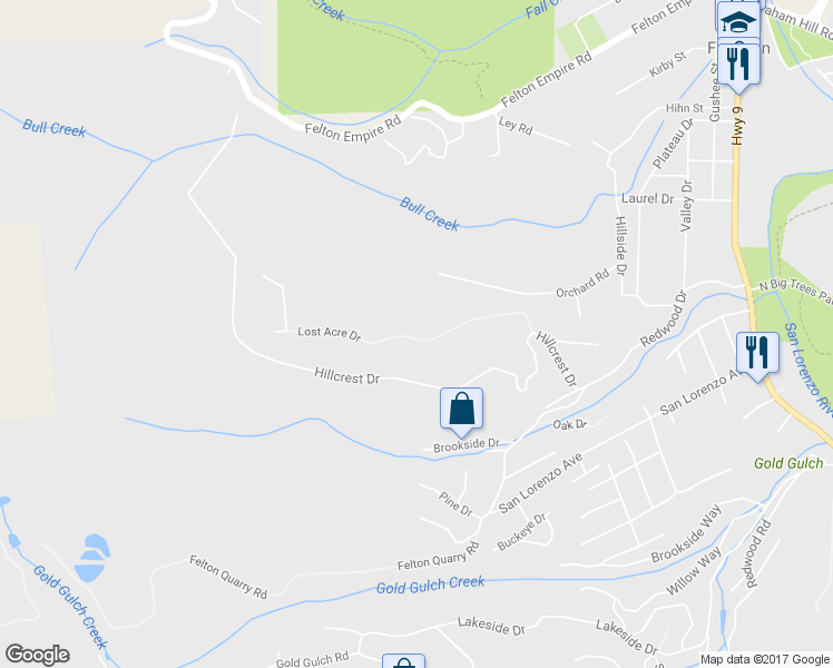 map of restaurants, bars, coffee shops, grocery stores, and more near 1099 Lost Acre Drive in Felton