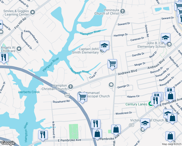 map of restaurants, bars, coffee shops, grocery stores, and more near 305 North Starfish Court in Hampton