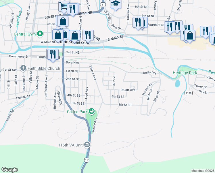 map of restaurants, bars, coffee shops, grocery stores, and more near 220 Stuart Lane in Pulaski