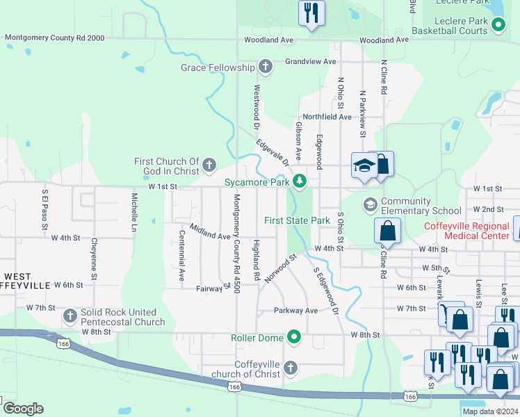 map of restaurants, bars, coffee shops, grocery stores, and more near 201 Highland Road in Coffeyville
