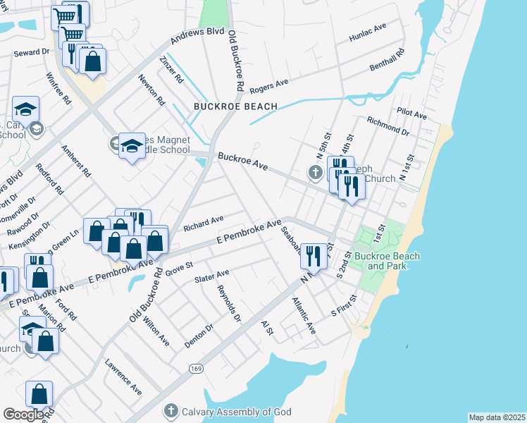 map of restaurants, bars, coffee shops, grocery stores, and more near 455 Seaboard Avenue in Hampton